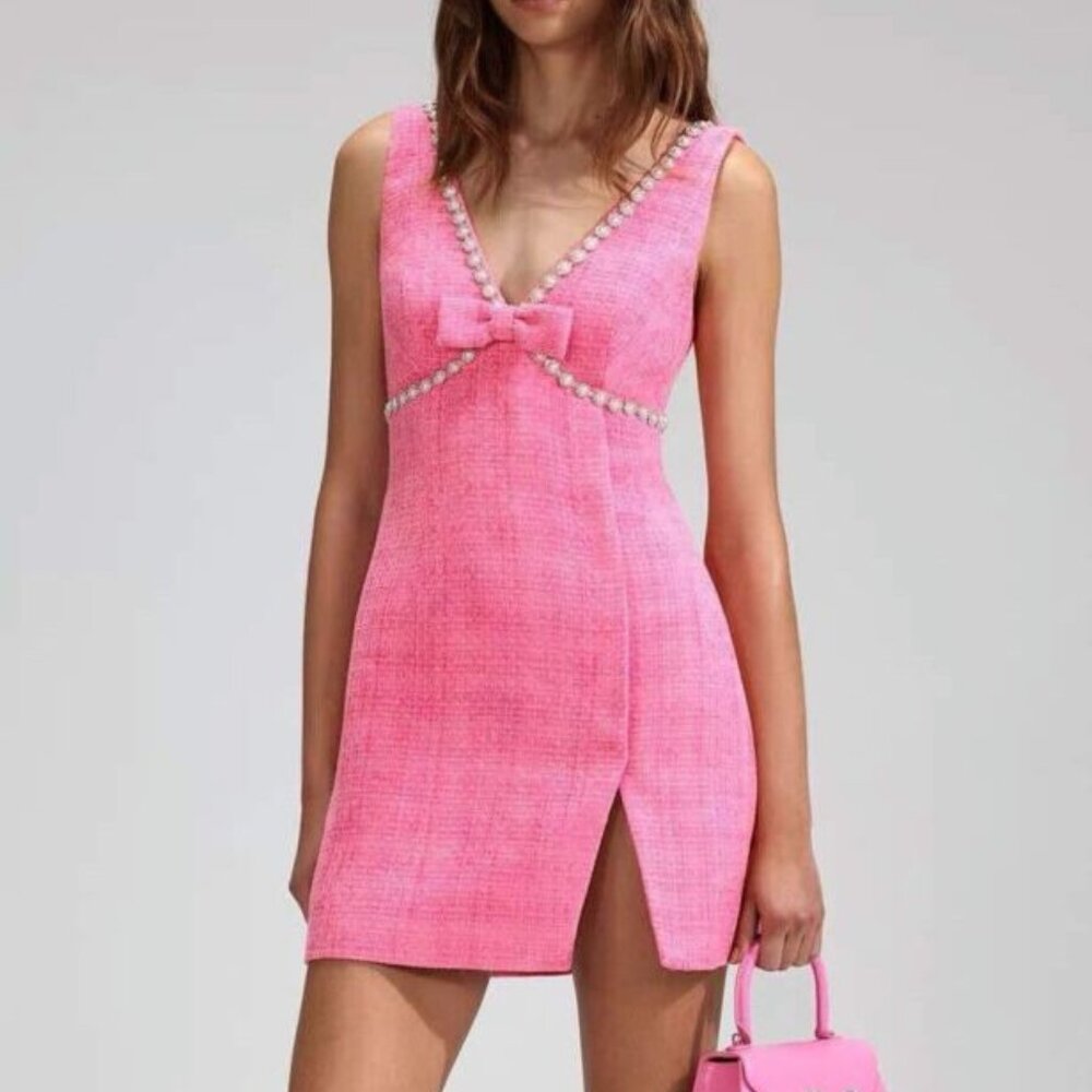 Self-Portrait Boucle V-Neck Pink Mini Dress